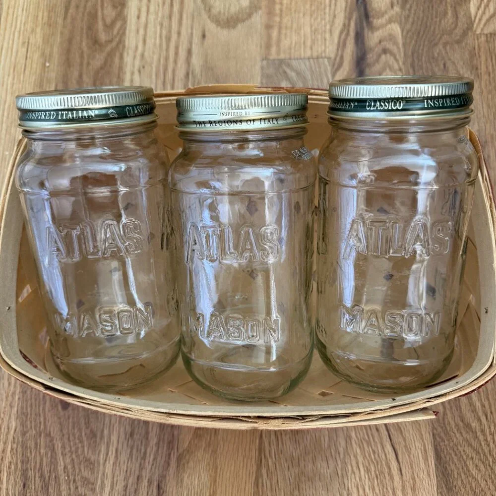 Vtg Farmhouse Split Slat Wood Woven Red Ribbon Basket w 20 oz Atlas Mason Jars